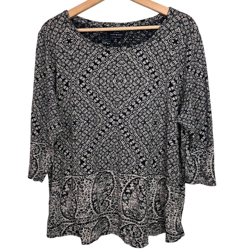 Lucky Brand Womens 2X Black Cream Paisley Floralโ Print 3/4 Sleeve Top
